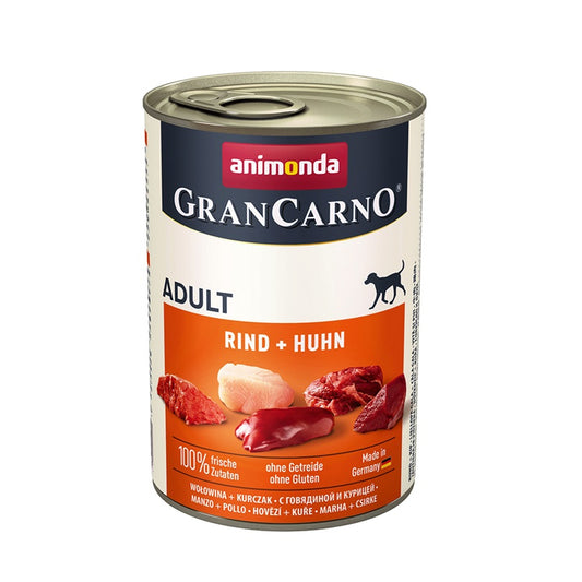 Animonda GranCarno Adult Rind + Huhn ist das ideale Nassfutter für deinen ausgewachsenen Hund zwischen 1 - 6 Jahren. Es kombiniert herzhaftes Rind mit zartem Huhn, um deinem Vierbeiner alle lebenswichtigen Nährstoffe zu bieten, die er täglich braucht.