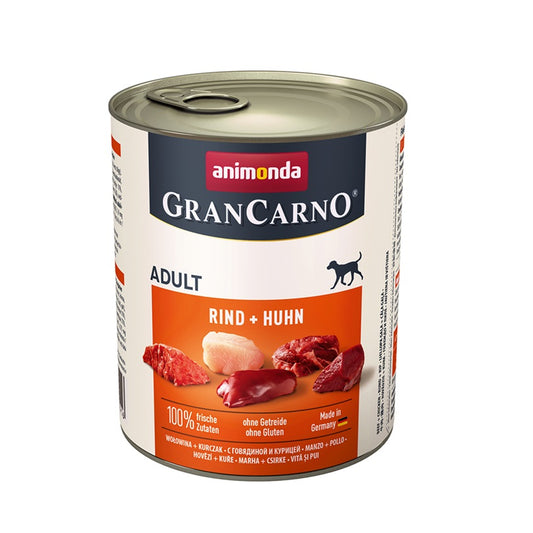 Animonda GranCarno Adult Rind + Huhn ist das ideale Nassfutter für deinen ausgewachsenen Hund zwischen 1 - 6 Jahren. Es kombiniert herzhaftes Rind mit zartem Huhn, um deinem Vierbeiner alle lebenswichtigen Nährstoffe zu bieten, die er täglich braucht.