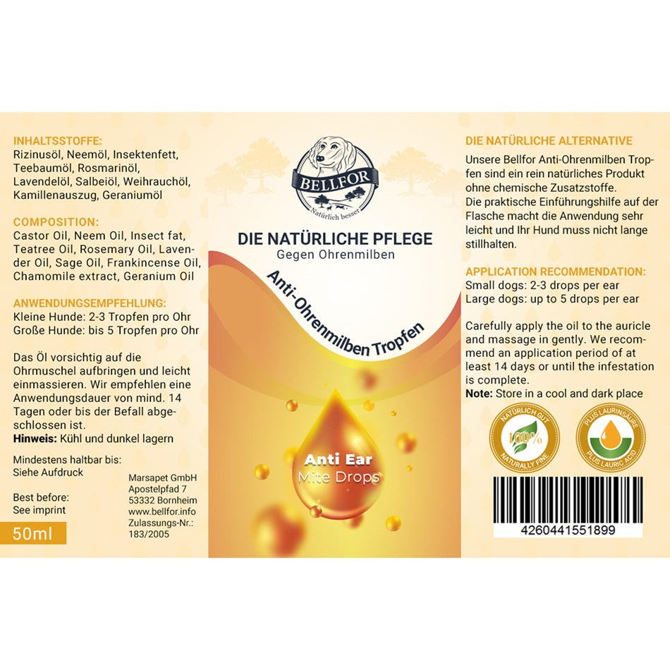 Bellfor Ohrmilben Tropfen ist ein natürliches Produkt, das speziell dafür entwickelt wurde, einem Befall mit Ohrmilben beim Hund auf schonende Weise entgegenzuwirken.