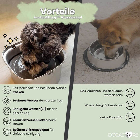 AuslaufStopp™ Wassernapf vs. herkömmlicher Edelstahlnapf. Entdecke die Vorteile.